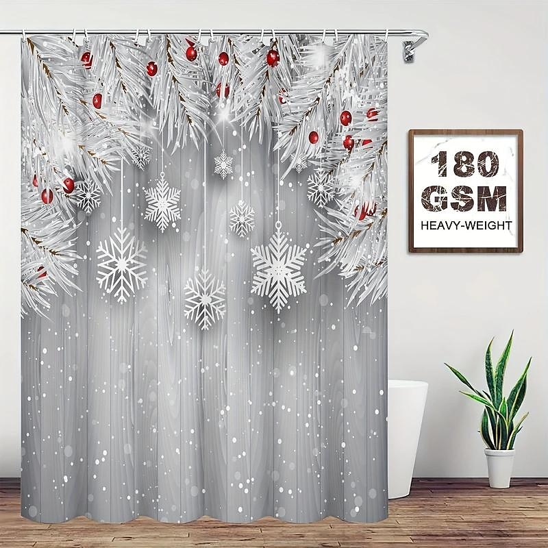 2025年 クリスマス雪の結晶シャワーカーテン、滑り止めラグ、トイレ蓋カバー&バスマット、メリークリスマスバスルーム装飾、防水シャワーカーテン、フック12個付き、クリスマスデコレーション。  コレクション – $23.99 –P5