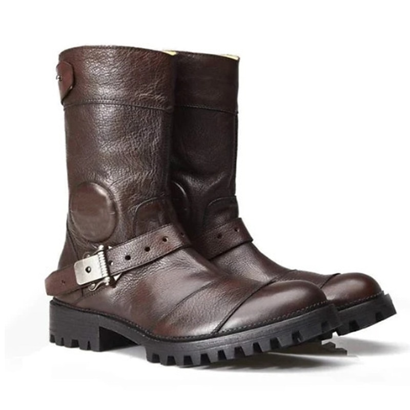 botas masculinas de couro sintético marrom para motociclistas com tiras de fivela – botas resistentes de cano médio para motociclistas e uso ao ar livre de 2025 por $54.99 –P1