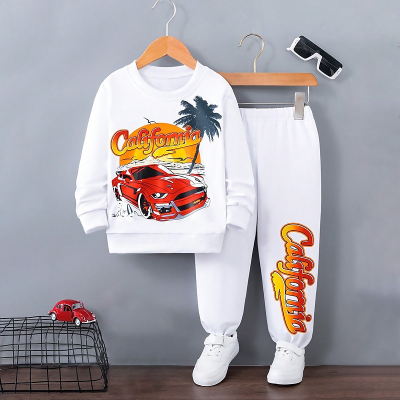 Gutt 3D Tre Bil Sweatshirt & Joggebuksesett Sett Langermet 3D-utskrift Høst Vinter Aktiv Mote Kul Barn 3-12 år Crew-hals utendørs Feriereise Gate Normal 2025 - $23.99 –P1