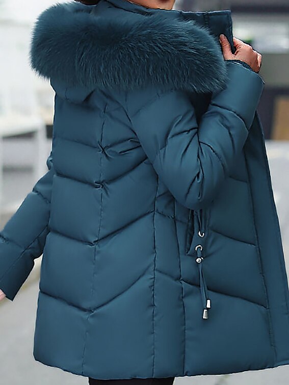 Women's Parka Long Puffer Jacket Winter Coat Thermal Warm Heated Coat with Fur Collar Hood Zipper Windproof Coat with Pockets Drawstring Outerwear Green Wine Black 2023 - US $41.99 –P5