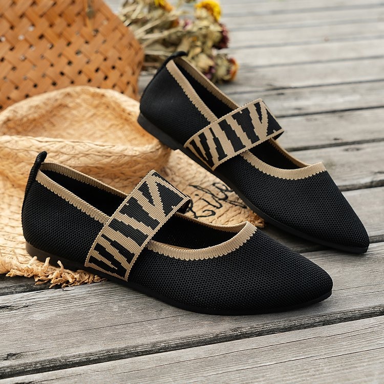 Women's Black Knit Mary Jane Flats – Pointed Toe Stretch Fabric Casual Shoes with Geometric Straps for Work, Travel & Daily Wear 2025 - $19.99 –P15