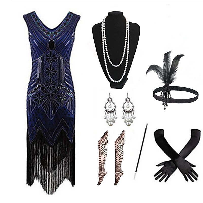 Rugido 20s 1920s Hasta la Rodilla Vestido Flapper Accesorios Diadema de estilo flapper Sin Mangas El gran Gatsby Invitado a la boda Lentejuelas Borlas Escote en Pico Disfraz Mujer Navidad Carnaval 2026 - $48.99 –P3