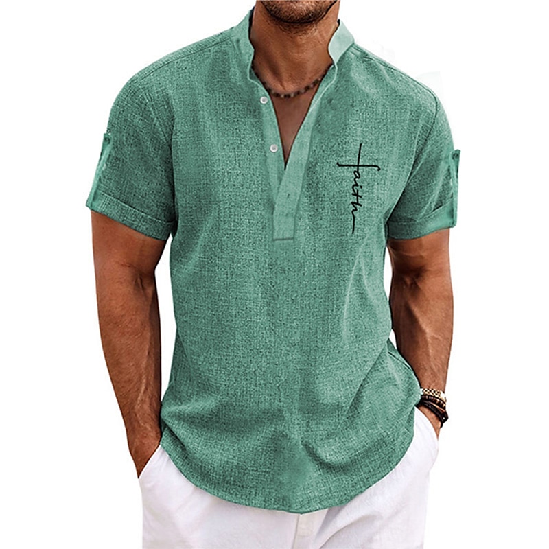 Men's Linen Shirt Beach Shirt Henley Shirt Retro Shirts Vintage Shirt Faith Vacation Street Pink Blue Green Khaki Short Sleeve Mandarin Collar Summer Spring Clothing Apparel Buttons 2025 - $27.99 –P5