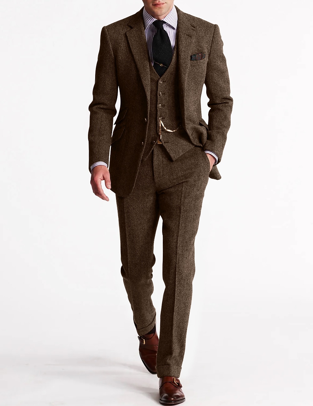 Men's Tweed Herringbone Suits 3 Piece Vintage Retro Plus Size Solid Colored Tailored Fit Single Breasted Two-buttons Brown Burgundy Dark Navy Green Fall/Winter 2025 - GBP £121 –P6