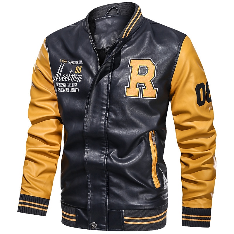Herren Lederjacke Kunstlederjacke Motorradjacke Outdoor Freizeitskleidung Warm Herbst Winter Farbblock Modisch Strassenmode Ständer Standard Weiß Gelb Rote Dunkelblau Jacken 2025 - $66.99 –P2