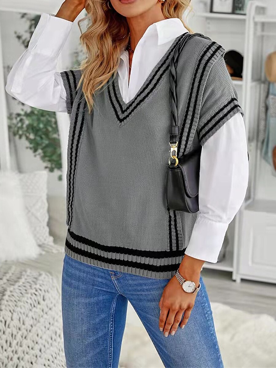 Women's Sweater Vest V Neck Ribbed Knit Acrylic Patchwork Fall Winter Regular Outdoor Daily Going out Stylish Casual Soft Short Sleeves Striped Black Khaki Gray S M L 2023 - US $28.99 –P2