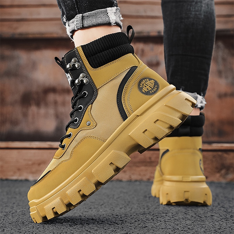 Men's Boots Work Boots Walking Vintage Casual Daily PU Height Increasing Mid-Calf Boots Lace-up Black Yellow Green Fall Winter 2023 - AED 179.99 –P12