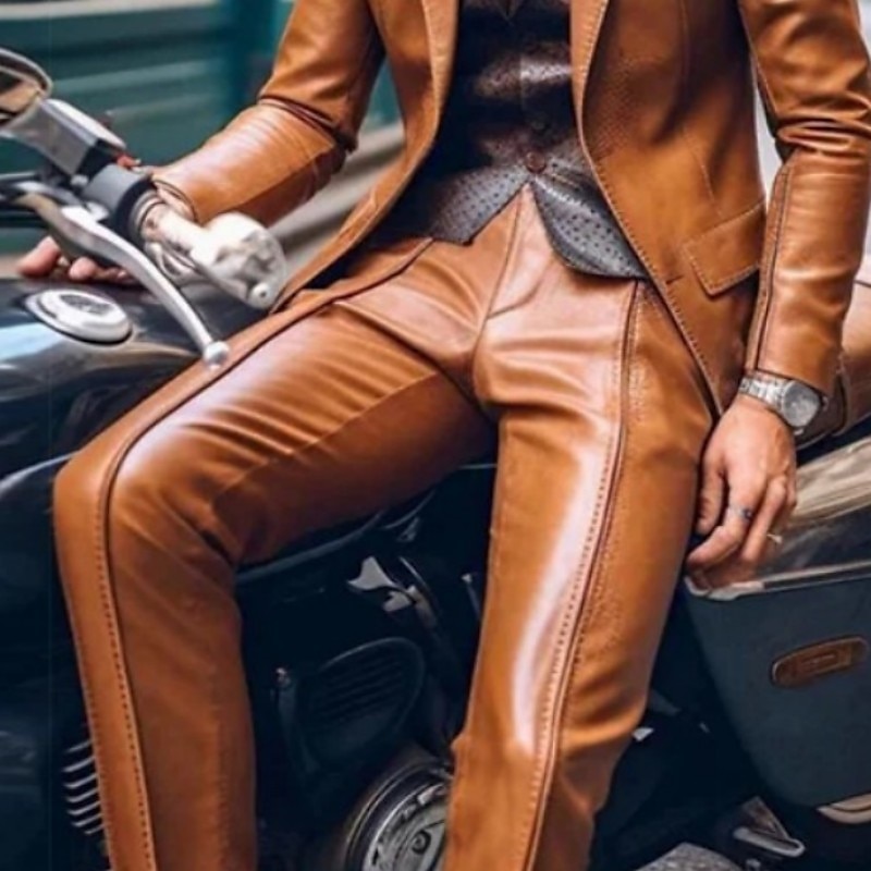 Heren Feestpak Zwart Bruin PU Leer Casual Effen Kleur Tailored Fit 2-delig Enkel-gebotonneerd Met Twee Knopen 2025 - $144.99 –P5