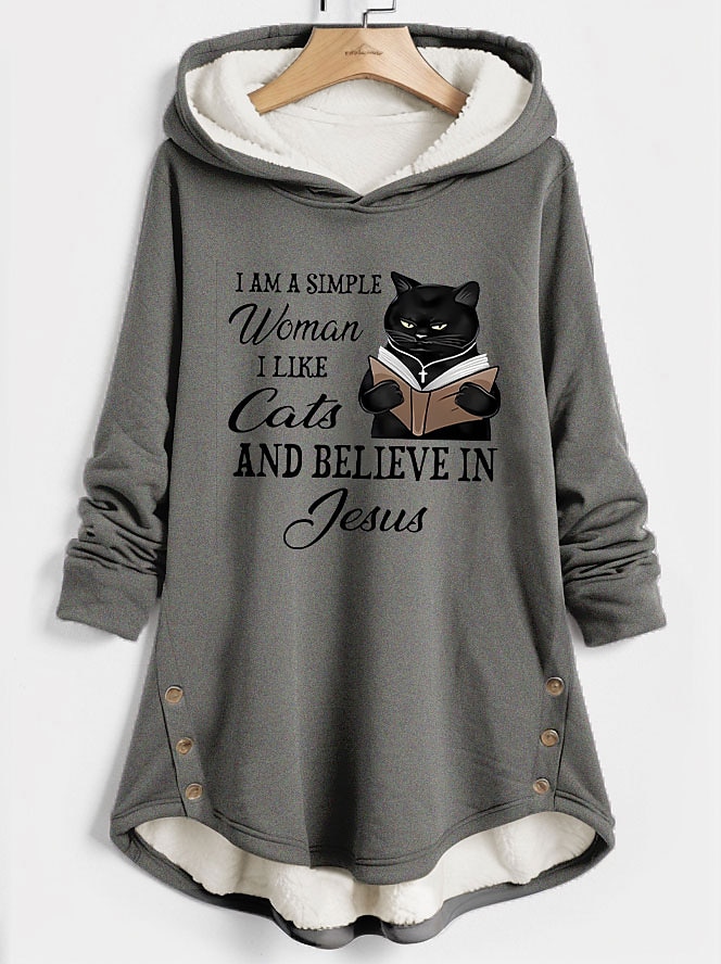 felpa con cappuccio da donna pullover sherpa pile foderato gatto lettera casual sport bottoni stampa tasca frontale caldo e soffice felpa con cappuccio manica lunga micro-elastico autunno&tessuto del 2025 a $38.99 –P2