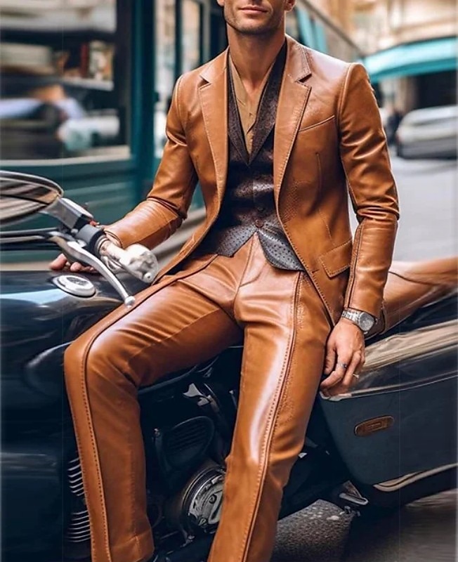 Heren Feestpak Zwart Bruin PU Leer Casual Effen Kleur Tailored Fit 2-delig Enkel-gebotonneerd Met Twee Knopen 2025 - $144.99 –P1