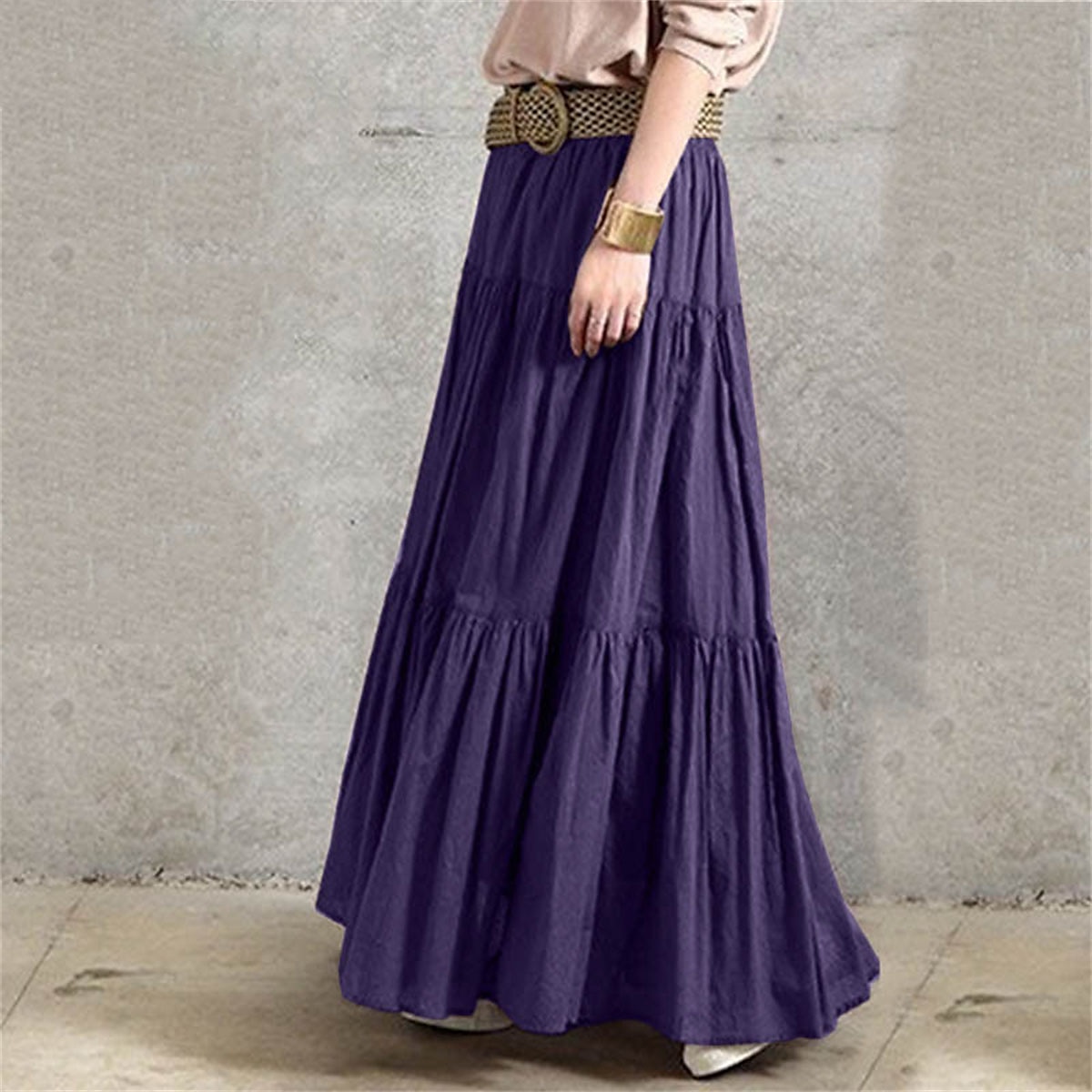 Women's Skirt Swing Long Skirt Fashion Casual Maxi Mid Waist Skirts Solid Colored Ruched Ruffle Vacation Street Black Wine Purple Brown Spring & Summer Cotton Linen 2025 - $32.99 –P2