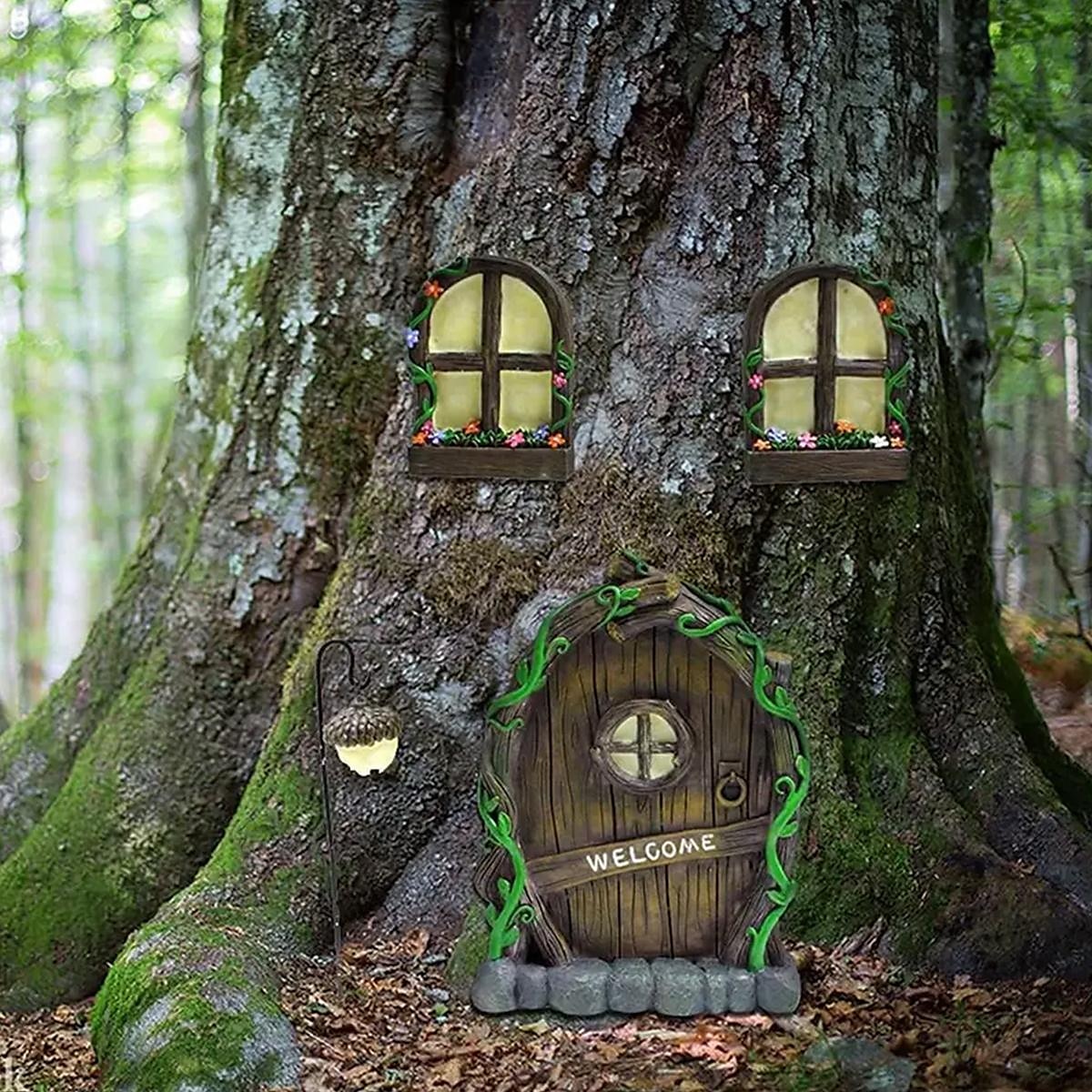 miniaturowe wróżkowe okno i drzwi do domu dla drzew śliczne miniaturowe wróżkowe ogrody śliczne dekoracje w kształcie drzewa drzwi ogrodowe kreatywne świecące dekoracje w kształcie drzewa bajkowe 2025 - $17.99 –P1