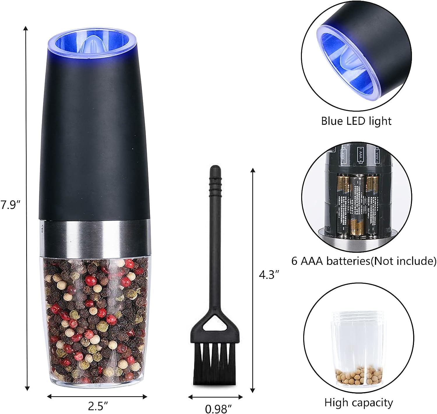 1 stk elektrisk salt- og pepperkvern, gravitasjonssensor, automatisk pepperkvern, enhåndsbetjening, batteridrevet med justerbar grovhet, blått led lys 2025 - $27.99 –P5