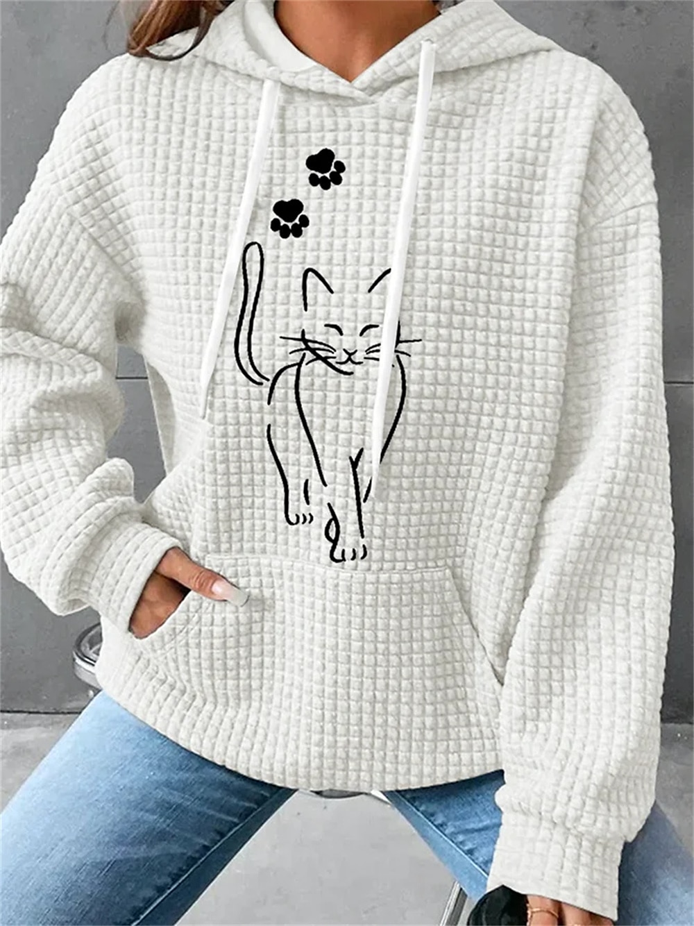 Women's Sporty ChicOversized Hoodie Sweatshirt Pullover Active Sportswear Textured Cat Casual Sports Hoodie Drawstring Print Front Pocket Long Sleeve Black White Pink Green Gray Fall & Winter 2025 - $29.99 –P4