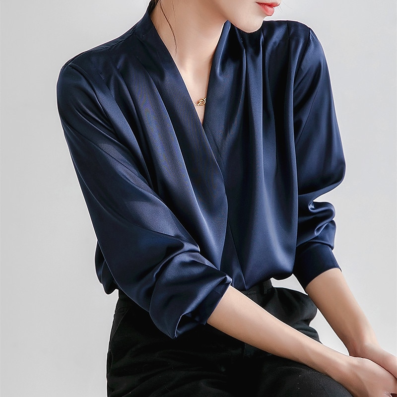 Damen Hemd Bluse Glatt Täglich Geschäftlich Reifen Langarm V Ausschnitt Normale Oberteile Arbeit Weiß Marineblau Frühling & Herbst 2025 - $37.99 –P2