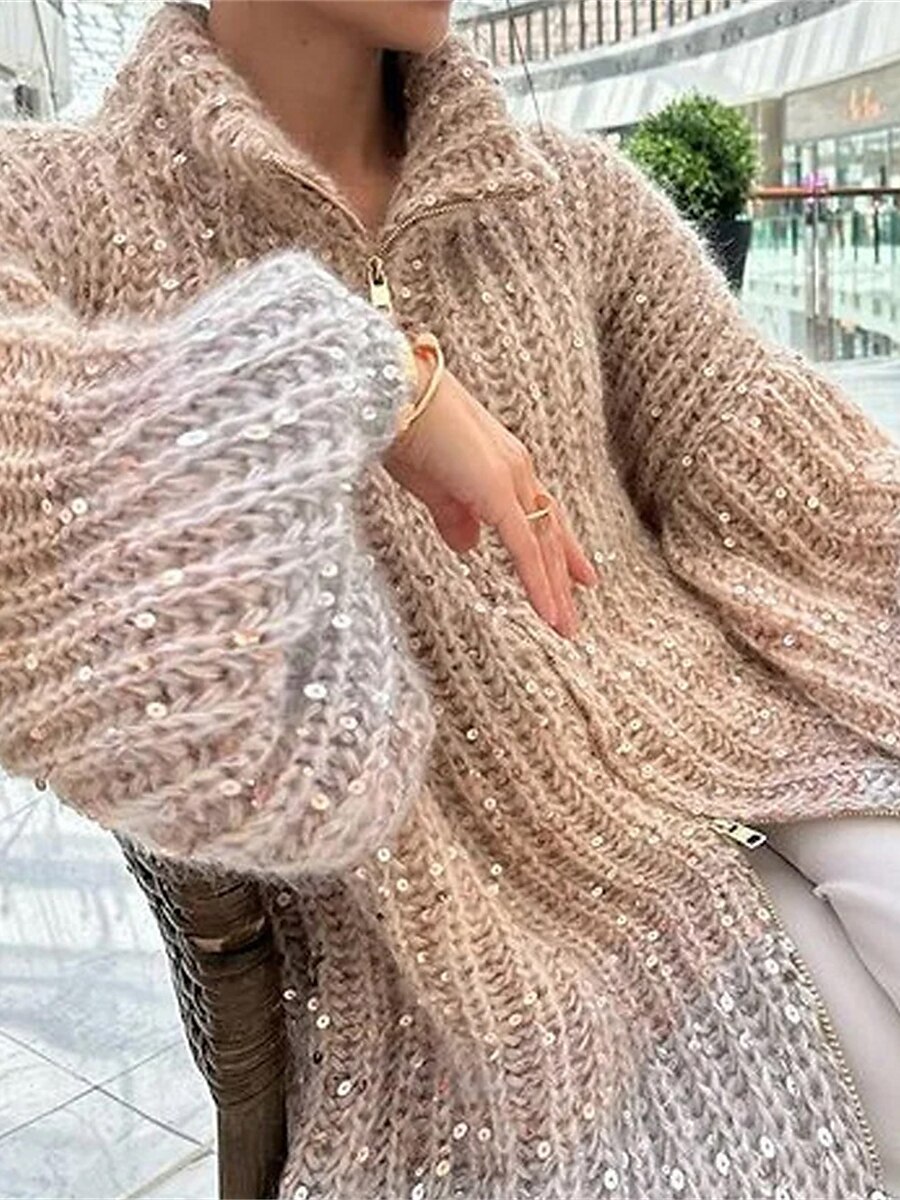 Women's Cardigan Sweater V Neck Ribbed Knit Polyester Sequins Patchwork Zipper Fall Winter Regular Outdoor Daily Going out Stylish Casual Soft Long Sleeve Color Gradient Blue Beige XS S M 2023 - US $53.99 –P2