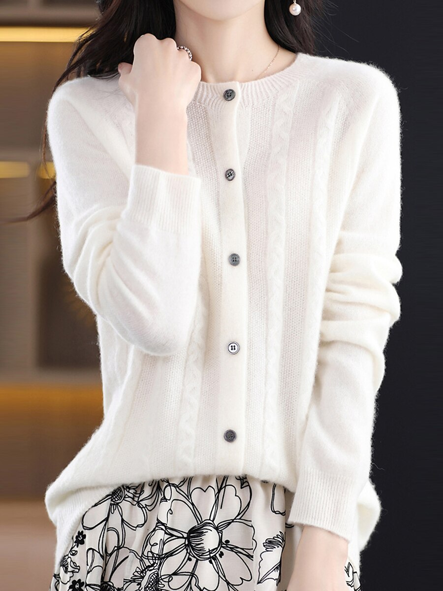 Women's Cardigan Sweater Jacket Crew Neck Cable Knit Polyester Button Knitted Fall Winter Regular Outdoor Daily Going out Streetwear Stylish Casual Long Sleeve Pure Color White Brown Apricot S M L 2023 - US $31.99 –P4