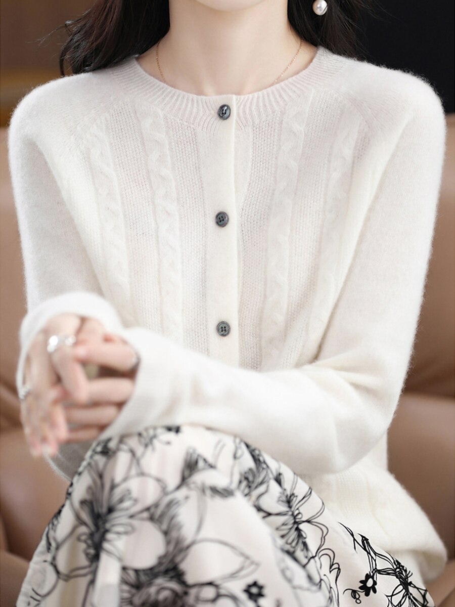 Women's Cardigan Sweater Jacket Crew Neck Cable Knit Polyester Button Knitted Fall Winter Regular Outdoor Daily Going out Streetwear Stylish Casual Long Sleeve Pure Color White Brown Apricot S M L 2023 - US $31.99 –P5