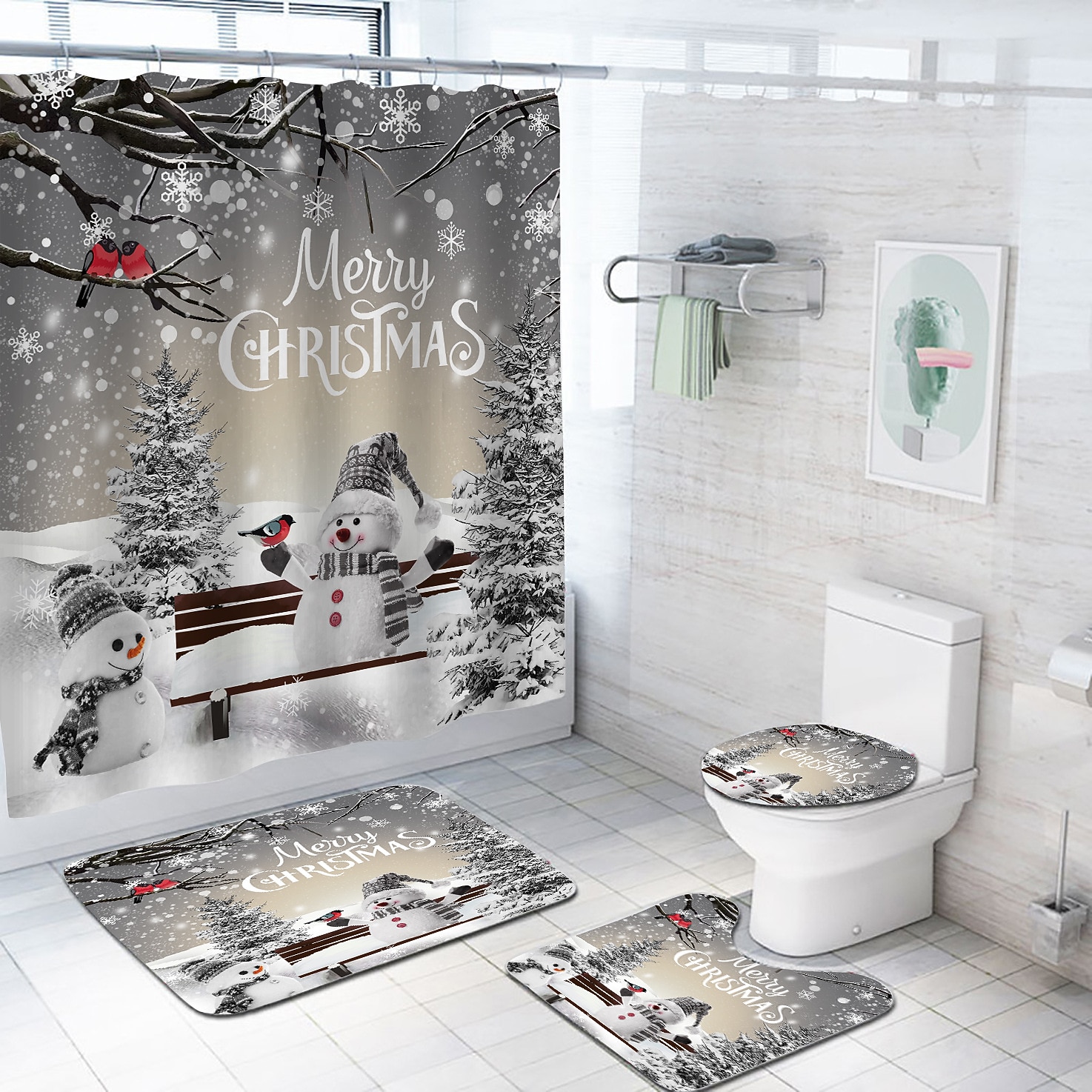 Cortina de ducha navideña de muñeco de nieve, juego de cortinas impermeables con 12 ganchos, accesorios de baño navideños, decoración navideña 2025 - $23.99 –P4