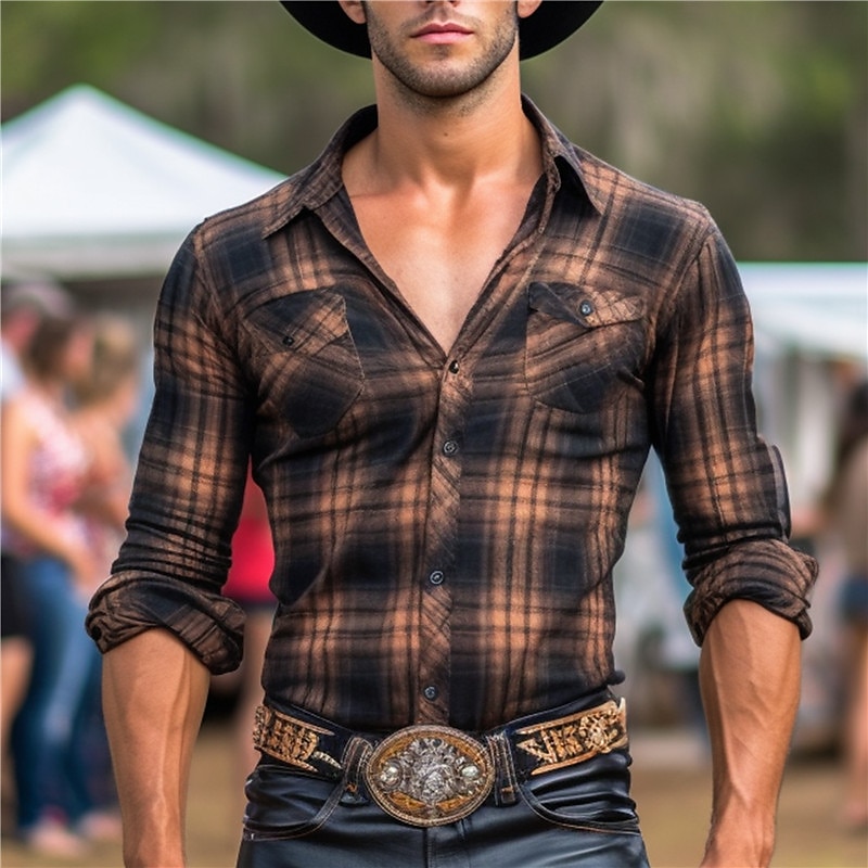 Homme Plaid Chemise Chemise Western Chemise de cow-boy manche longue Rétro Vintage style occidental Usage quotidien Sortie Fin de semaine Automne hiver Col rabattu Poche Imprimer Bouton bas Noir de 2025 ? $26.99 –P6