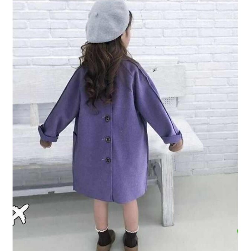 Barn Jente Ullfrakk Langermet Rosa Lilla Grå Helfarge Knapp Høst Vinter Daglig Skole 7-13 år 2025 - $48.99 –P4