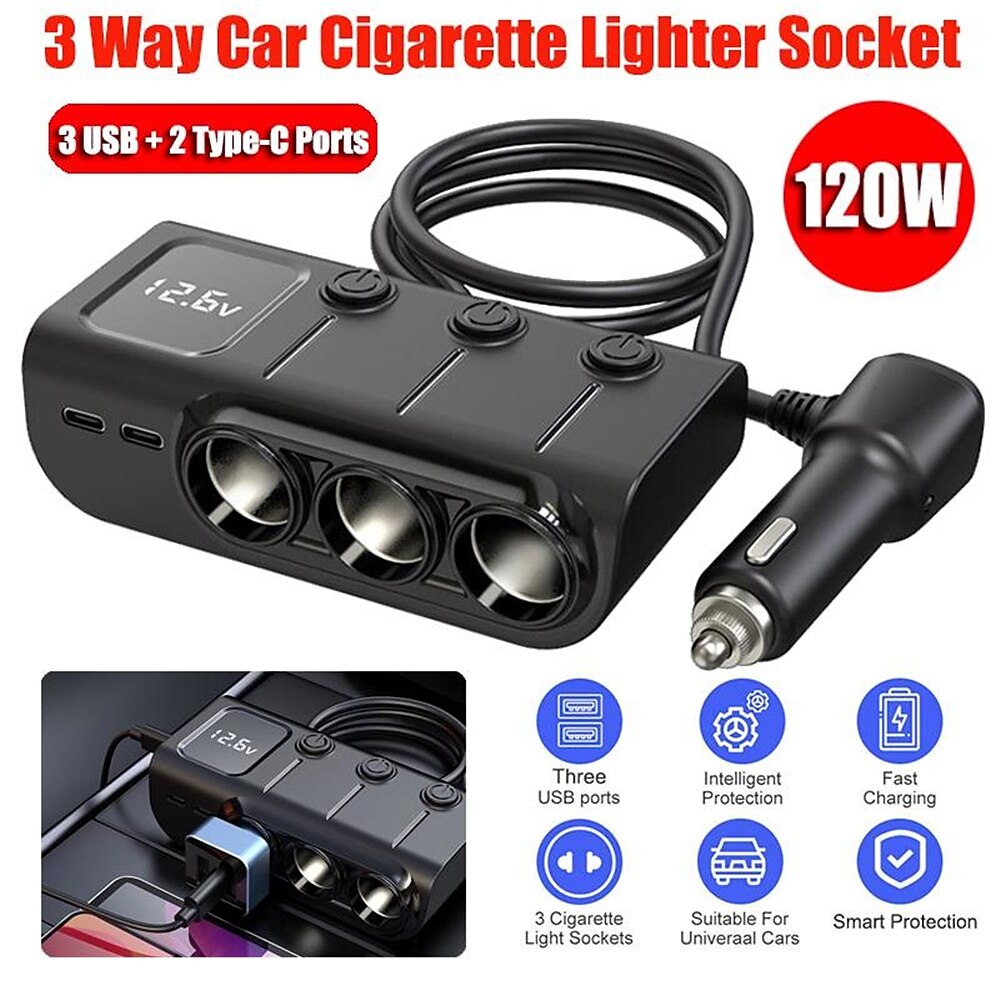 3 Way Car Cigarette Lighter Socket Splitter DC 12V/24V Power Charger Adapter with 3 USB Ports  1 Type-C Port  1 PD Fast Charge Port 2024 - CLP $28754 –P12