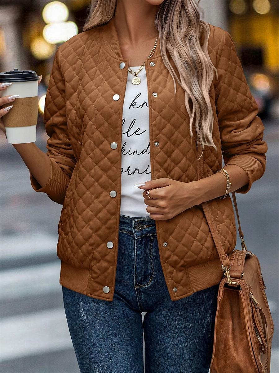 Women's Winter Jacket Warm Comfortable Outdoor Street Daily Wear Going out Pocket Single Breasted Stand Collar Fashion Modern Casual Street Style Solid Color Regular Fit Outerwear Long Sleeve Fall 2023 - US $47.99 –P1