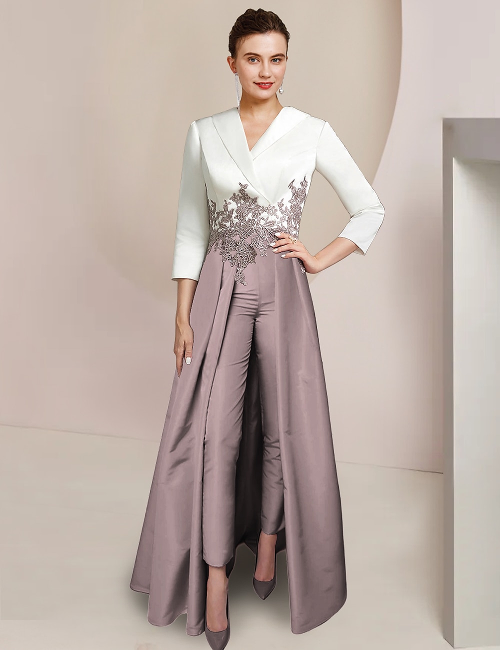 Mono de dos piezas  Pantalón madre de la novia invitada formal elegante fiesta V cuello longitud al tobillo crepé encaje manga 3/4 con aplicaciones color bloque talla personalizada gratuita 2025 - $187.99 –P1