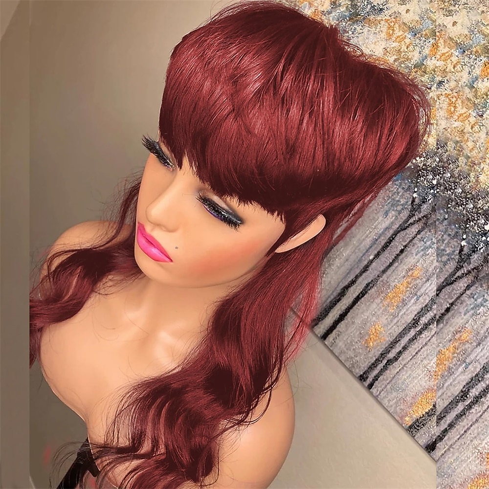 Daily Use 20inch Body Wave Synthetic Heat Resistant Hair Replacement Wigs Halloween Cosplay Wig 80s90s Mullet Wigs for Women Mullet Pixie Cut Wig With Bangs Christmas Party Wigs 2025 - $31.99 –P14