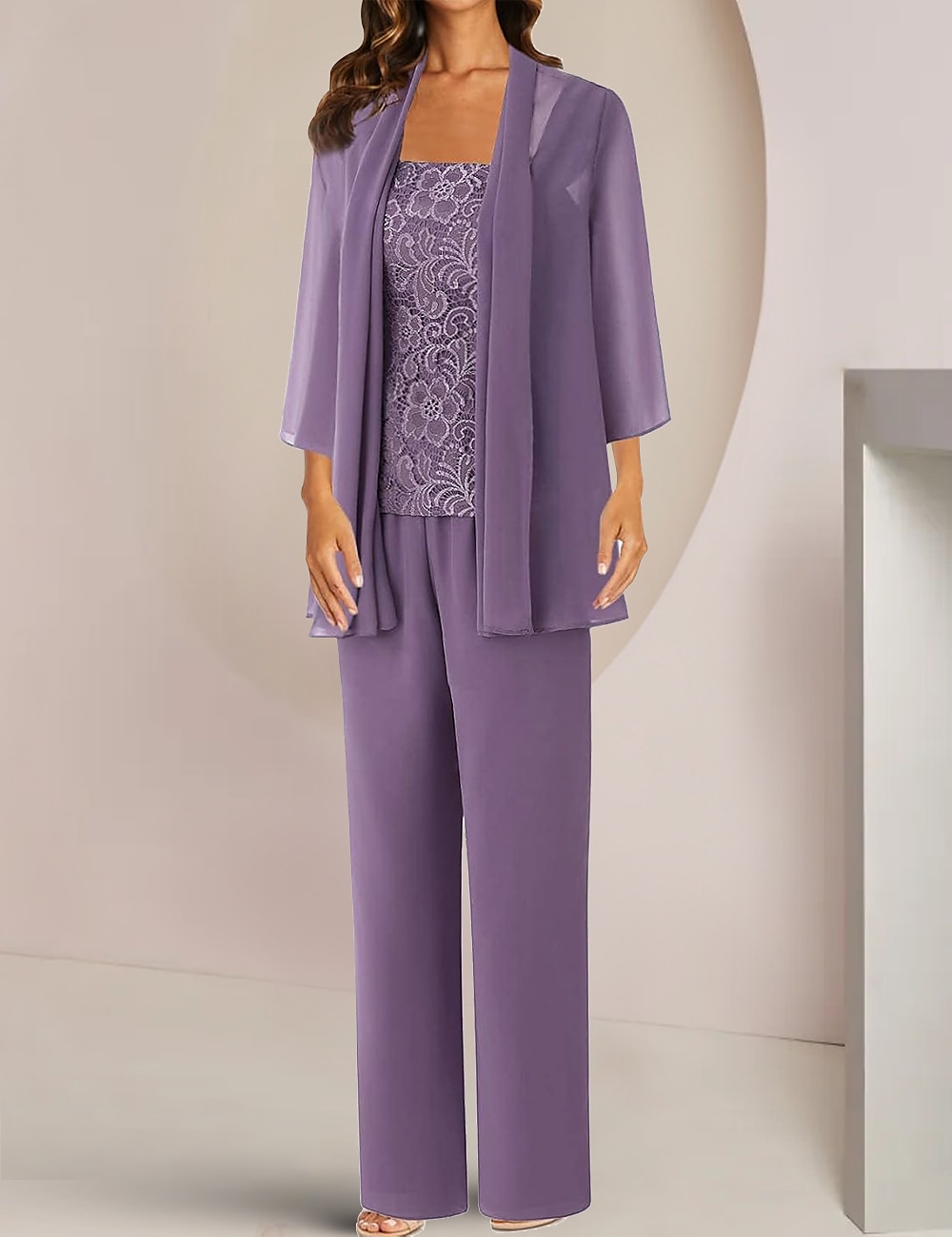 Tuta  abito intero 3 pezzi madre della sposa invitata al matrimonio elegante collo quadrato lunghezza caviglia in chiffon pizzo maniche mezze con applicazioni del 2025 a €187.99 –P1