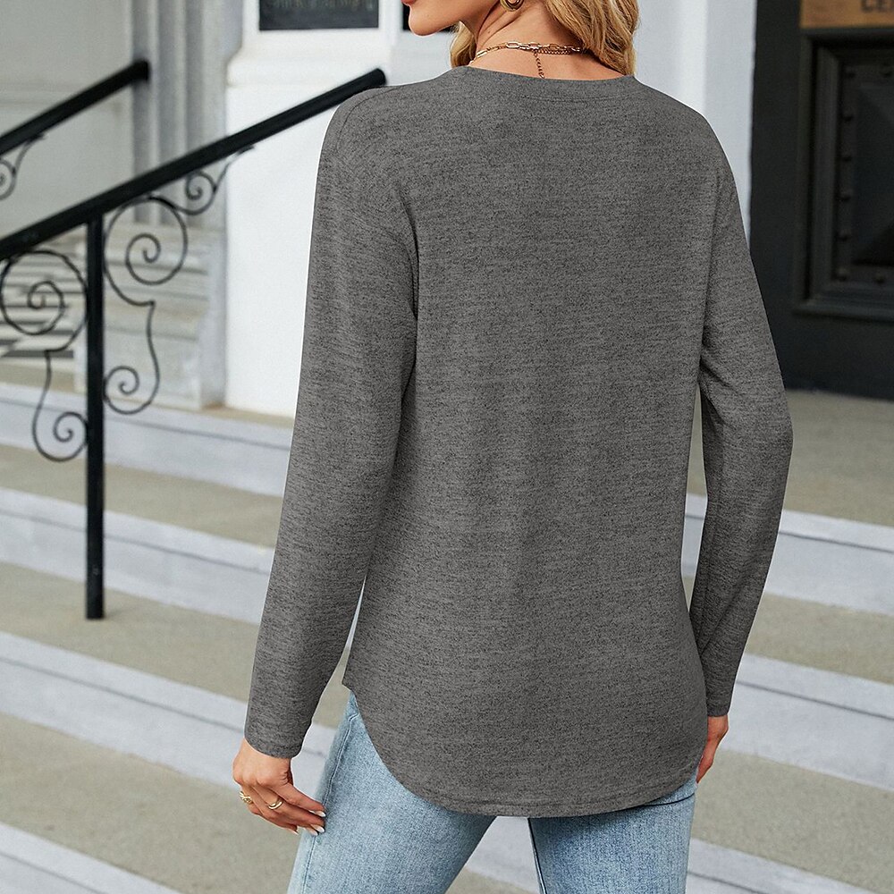 T skjorte Dame Svart Rød Brun Ensfarget / vanlig farge Knapp Daglig Mote Rund hals Normal S 2025 - $21.99 –P6