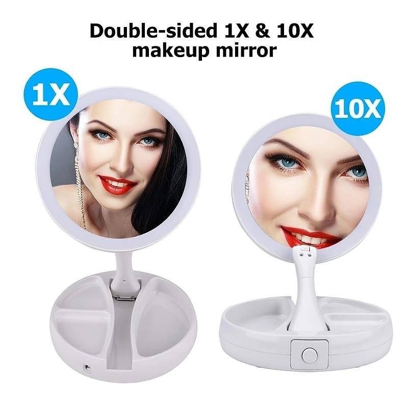 Specchio per il trucco pieghevole 1 pezzo con organizer per scatola portaoggetti con luce a LED, bifacciale 1x & Specchio retrattile ingranditore 10x per tavolo, toeletta, cosmetici del 2025 a $18.99 –P5