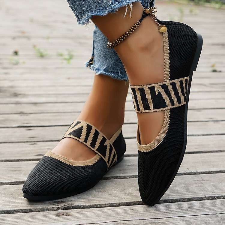 Women's Black Knit Mary Jane Flats – Pointed Toe Stretch Fabric Casual Shoes with Geometric Straps for Work, Travel & Daily Wear 2025 - $19.99 –P14