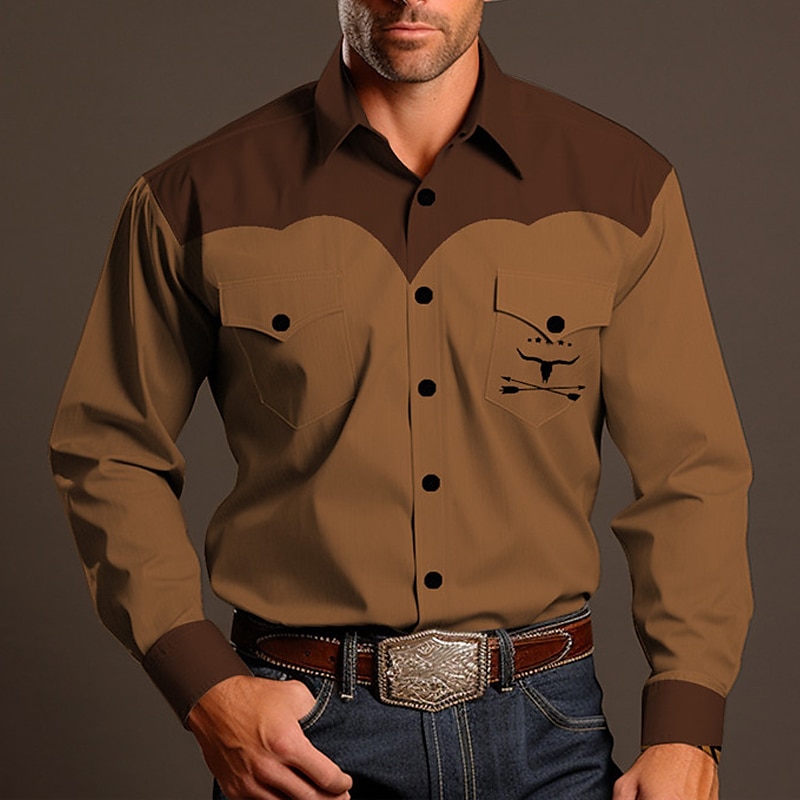 Men's Cowboy Shirt Western Shirt Cowboy Shirt Long Sleeve Vintage Western Style Outdoor Street Casual Daily Fall & Winter Turndown Buttons Print Brown khaki 2025 - $32.99 –P1