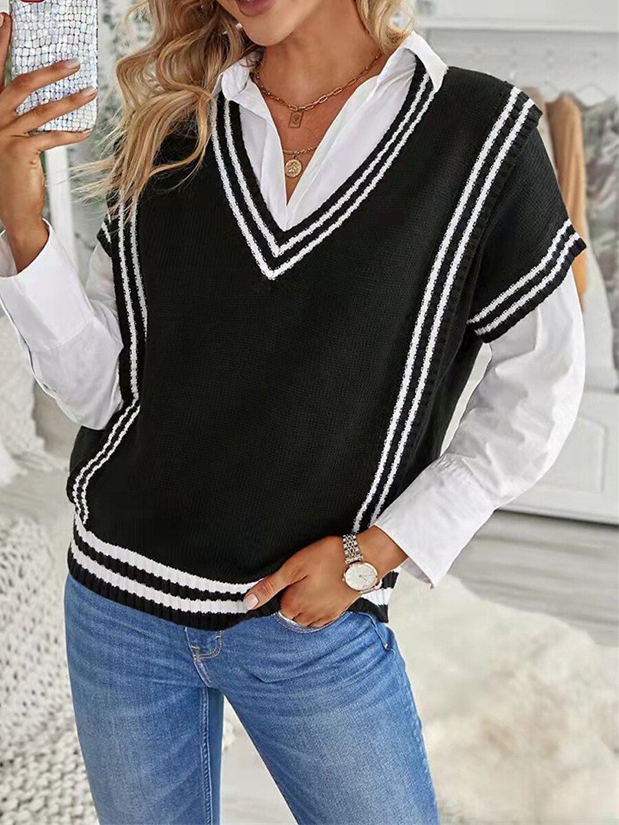 Women's Sweater Vest V Neck Ribbed Knit Acrylic Patchwork Fall Winter Regular Outdoor Daily Going out Stylish Casual Soft Short Sleeves Striped Black Khaki Gray S M L 2023 - US $28.99 –P5