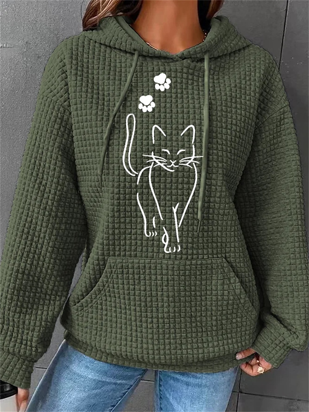 Women's Sporty ChicOversized Hoodie Sweatshirt Pullover Active Sportswear Textured Cat Casual Sports Hoodie Drawstring Print Front Pocket Long Sleeve Black White Pink Green Gray Fall & Winter 2025 - $29.99 –P1