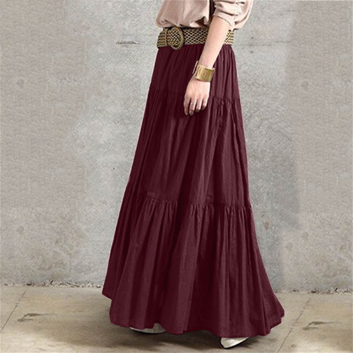 Women's Skirt Swing Long Skirt Fashion Casual Maxi Mid Waist Skirts Solid Colored Ruched Ruffle Vacation Street Black Wine Purple Brown Spring & Summer Cotton Linen 2025 - $32.99 –P5