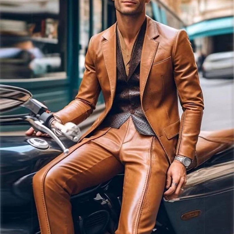 Heren Feestpak Zwart Bruin PU Leer Casual Effen Kleur Tailored Fit 2-delig Enkel-gebotonneerd Met Twee Knopen 2025 - $144.99 –P3