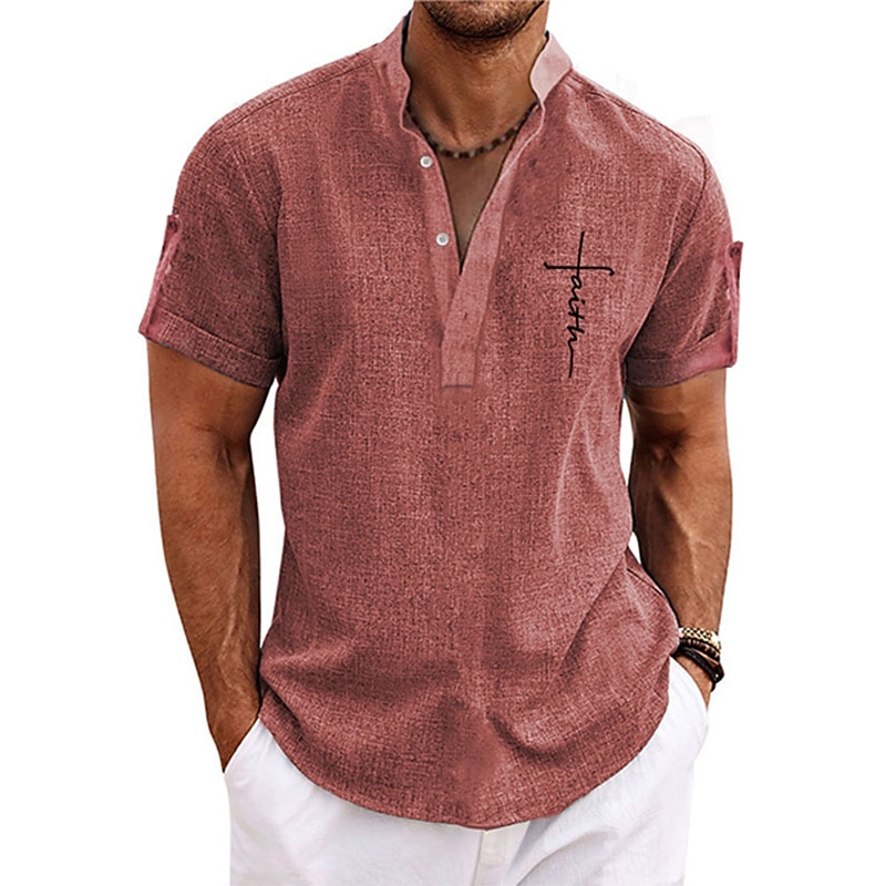 Men's Linen Shirt Beach Shirt Henley Shirt Retro Shirts Vintage Shirt Faith Vacation Street Pink Blue Green Khaki Short Sleeve Mandarin Collar Summer Spring Clothing Apparel Buttons 2025 - $27.99 –P3
