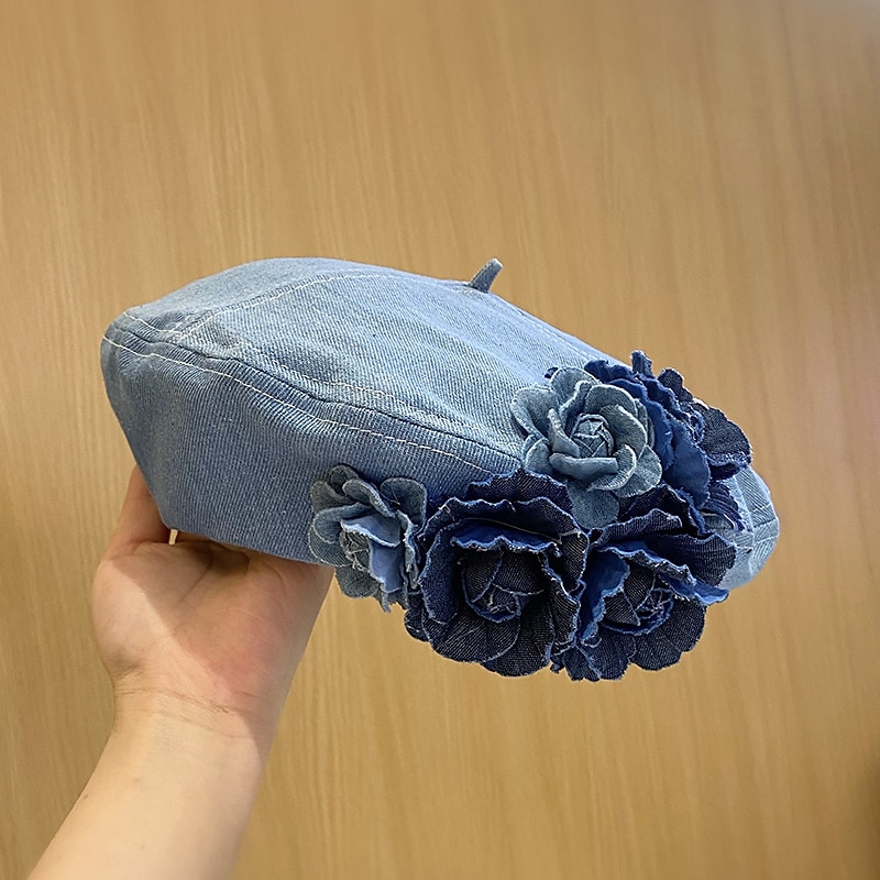 berretto berretto con decorazioni floreali vintage per donna berretti lavati in denim blu cappello ottagonale leggero cappelli classici da pittore del 2025 a $38.99 –P2