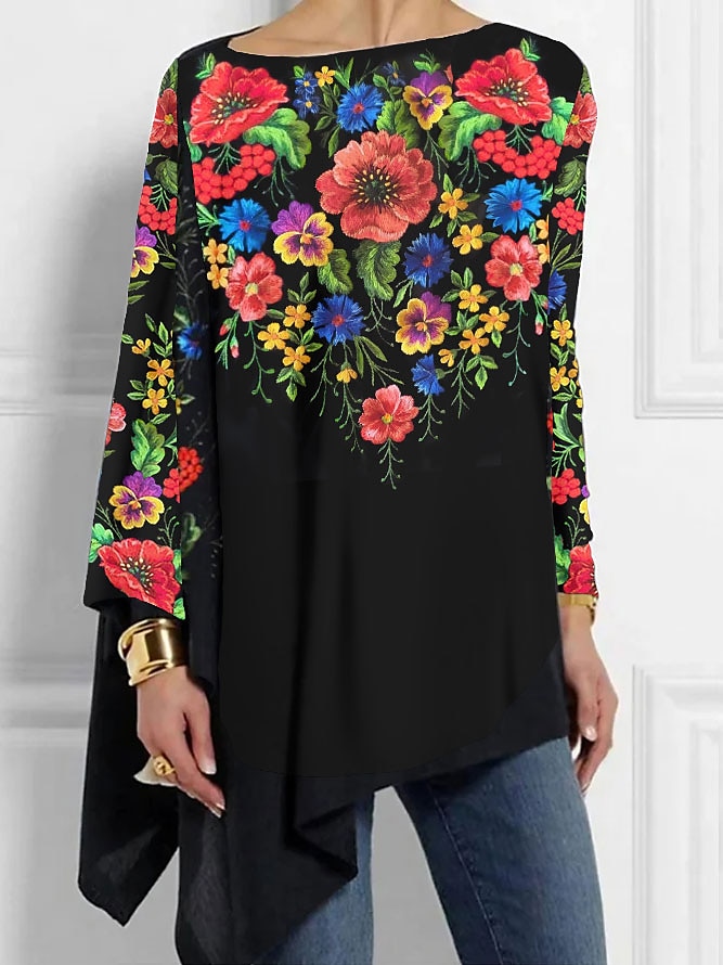 Blusa da donna maniche lunghe tunica top floreale moda spalle scoperte top regolari print vacanze fine settimana asimmetrica nera gialla rossa primavera e autunno del 2025 a $27.99 –P3