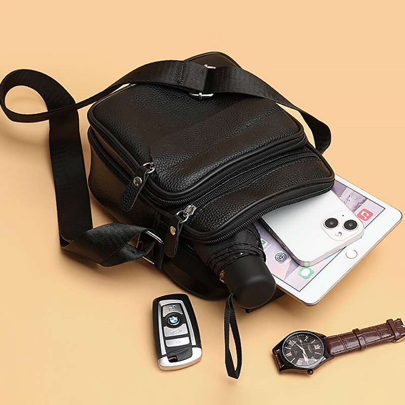 Voor heren Crossbody zak Schoudertas Schooltas Leder Buiten Dagelijks Feestdagen Rits Grote capaciteit waterdicht Lichtgewicht Effen Kleur Zwart 2025 - $29.99 -P4