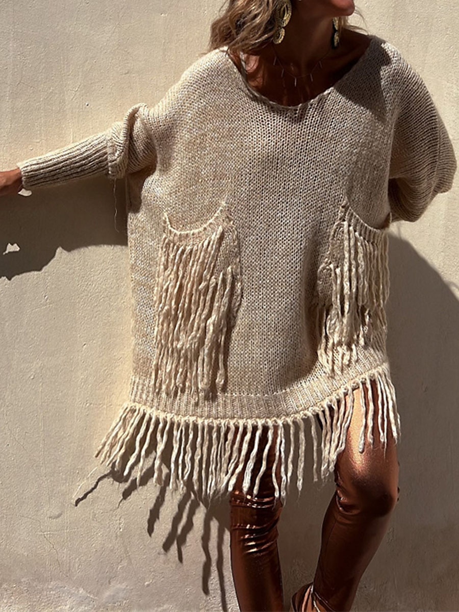 Dame Pullover genser Mote Gatemote Fritid Helfarge Riflet Crew-hals Lomme Dusker Strikket Langermet Lange topper Strikke utendørs Daglig Ut på byen Kamel Grønn Høst Vinter 2025 - $41.99 –P4