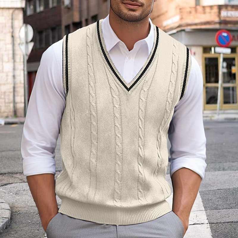 Weihnachtspullover, Herrenpullover, Weste, Strickpullover, Pullover mit Zopfmuster, normal gestrickt, einfarbig, V-Ausschnitt, warm halten, modern, zeitgenössisch, Alltagskleidung, Ausgehen, Kleidung, Herbst, Winter, Weiß, Rot, S, M, L 2025 - $25.99 –P8