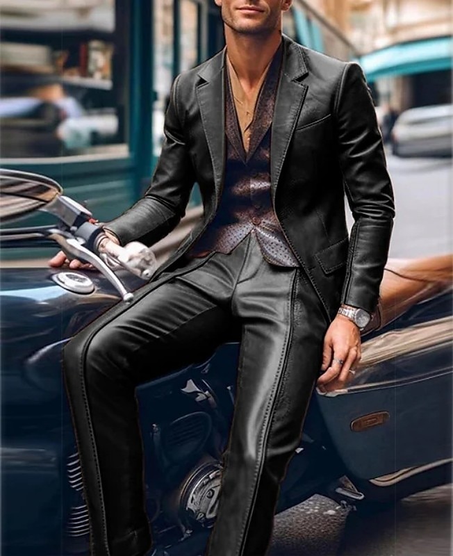 Heren Feestpak Zwart Bruin PU Leer Casual Effen Kleur Tailored Fit 2-delig Enkel-gebotonneerd Met Twee Knopen 2025 - $144.99 –P2