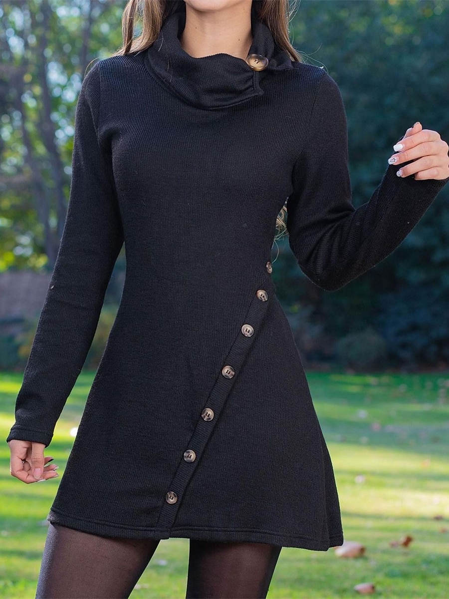 rochie de lucru dama rochie de revelion rochie casual rochie de linie rochie de iarna rochie de zi cu zi mini rochie rever cu nasturi maneca lunga simplu subtire negru rosu toamna 2025 - $26.99 –P2