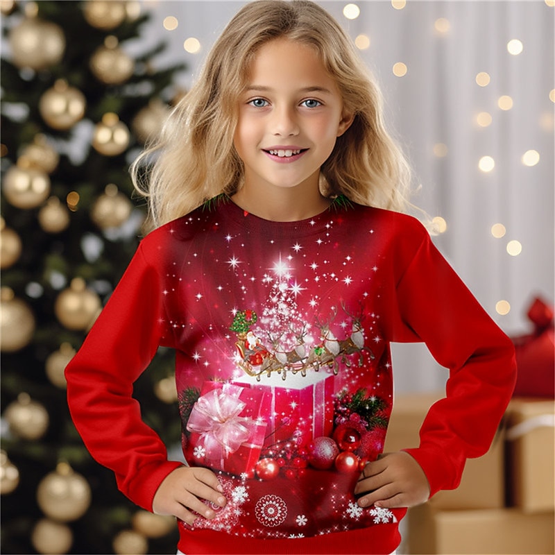 Hanorac de Crăciun pentru fete, model 3D, cu imprimeu 3D, stil streetwear, adorabil, poliester, copii 4-12 ani, guler rotund, exterior, casual, zilnic, croială regulată 2025 - $13.99 –P4