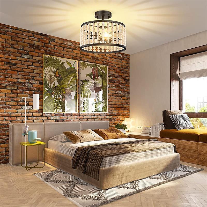 Bohemian Farmhouse Chandelier Wood Beaded Ceiling Light Fixture, Rustic Semi Flush Mount Ceiling Light Fixture, Black 2-Light Nursery Chandelier for Kitchen Island Foyer Hallway Bedroom Living Room, E26 Base 110-240V 2025 - $143.99 –P7