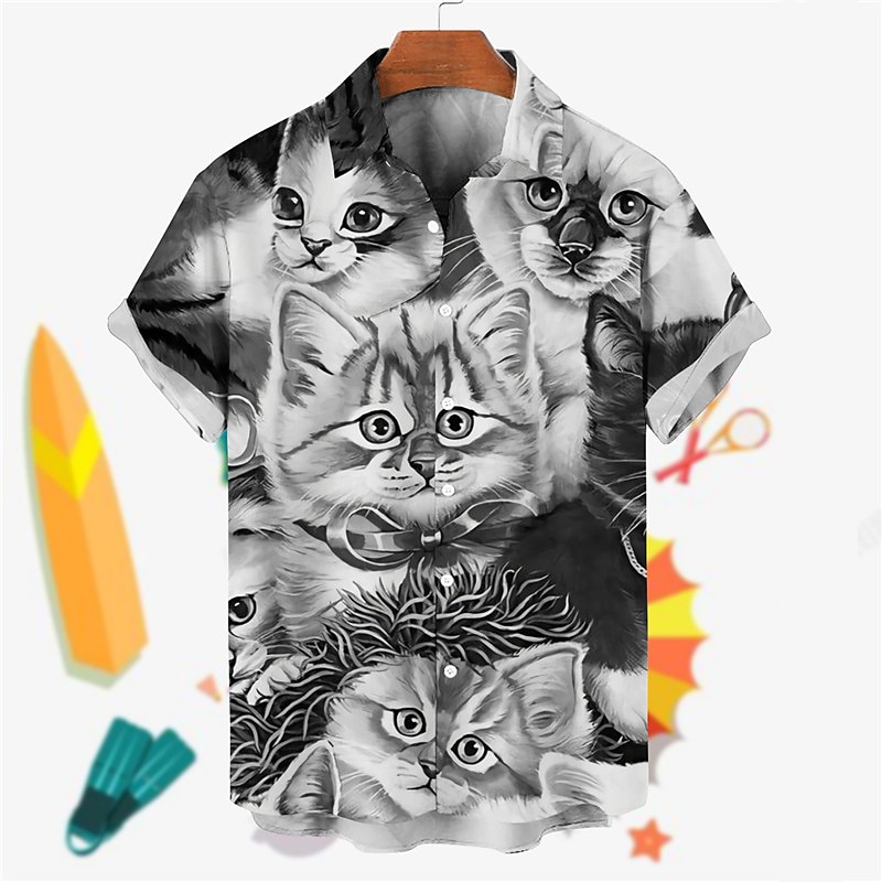 Herre Dyr Katt Skjorte Hawaii skjorte Aloha skjorte Kort Erme Skjorte Aftæpning Tropisk Mote Hawaiisk Gate Avslappet Hawaiisk Blå Grå S M L 2025 - $22.99 –P2