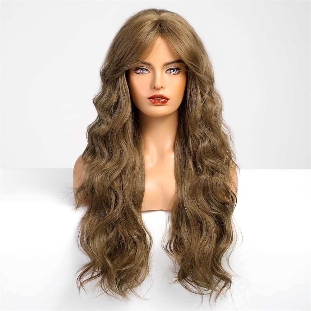 Perruque longue ondulée rose pour femme - Perruque rose ombré - Racine foncée - 66 cm - Avec frange - Perruque bouclée ondulée - Aspect naturel - Fibre synthétique résistante à la chaleur - Pour une de 2025 ? $28.99 –P2